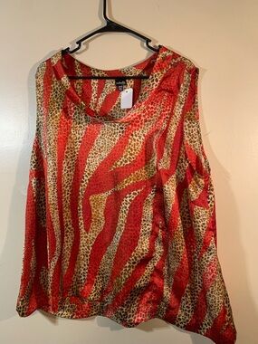 Rafaella Red and Tan Animal-Print Sleeveless Blouse